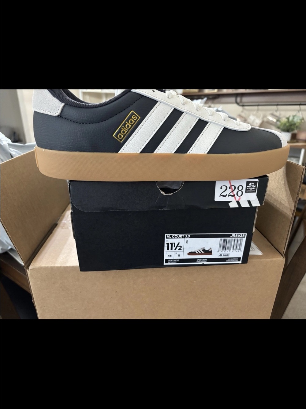 adidas Men’s Black and White VL Court 3.0 Sneakers with Gum Sole